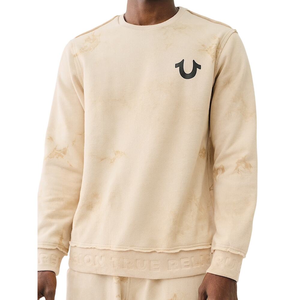 True Religion Debossed Rib Pullover Tie Dye Crew Neck Sweatshirt Tan Beige Large